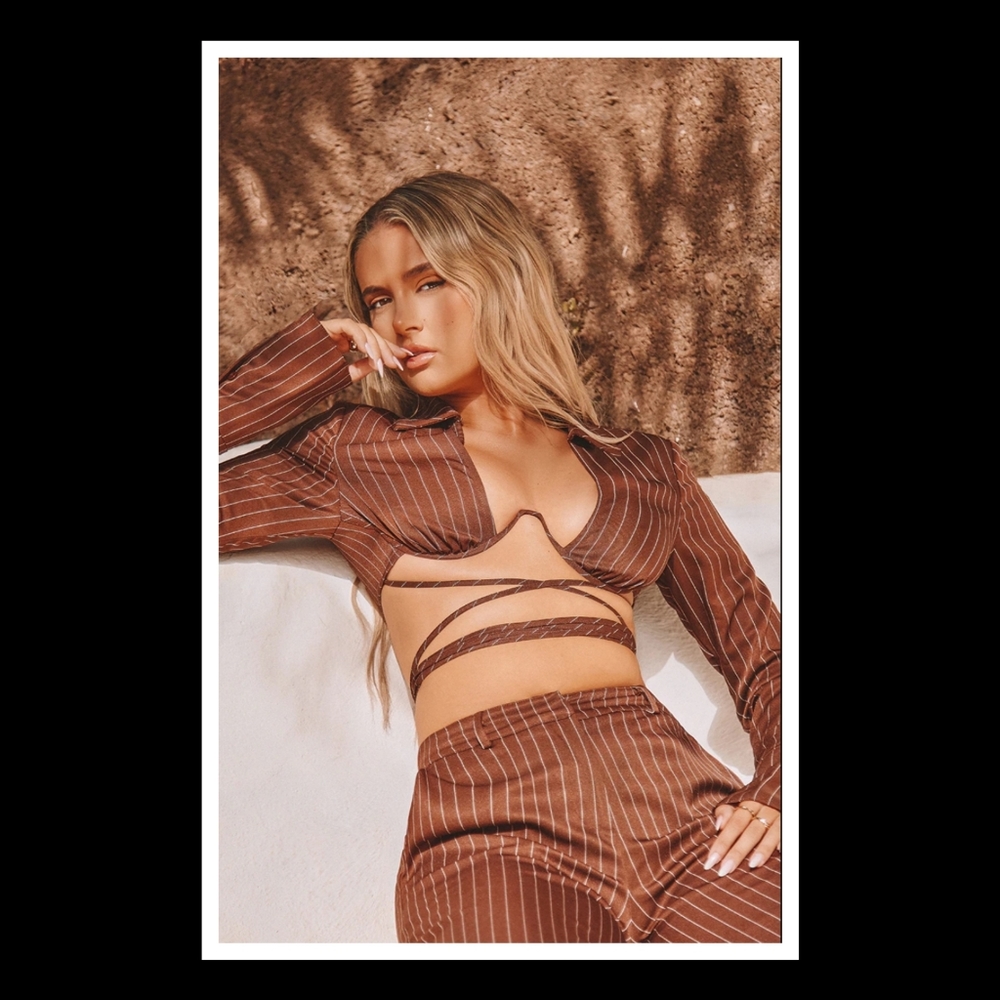 💋PLT CHOCOLATE BROWN PINSTRIPE CROP TOP PANTSUIT!!!
